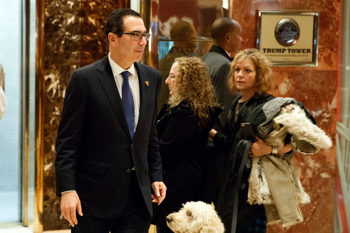 Steven Mnuchin, national finance chairman of President-elect Donald Trump's campaign, walks to lunch at Trump Tower, Tuesday, Nov. 29, 2016, in New York.  (AP)