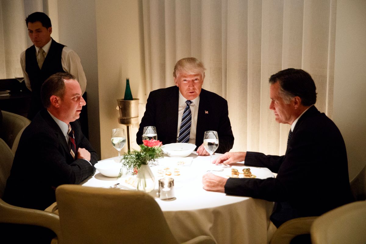 President-elect Donald Trump, center, eats dinner with Mitt Romney, right, and Trump Chief of Staff Reince Priebus at Jean-Georges restaurant, Tuesday, Nov. 29, 2016, in New York.  (AP)