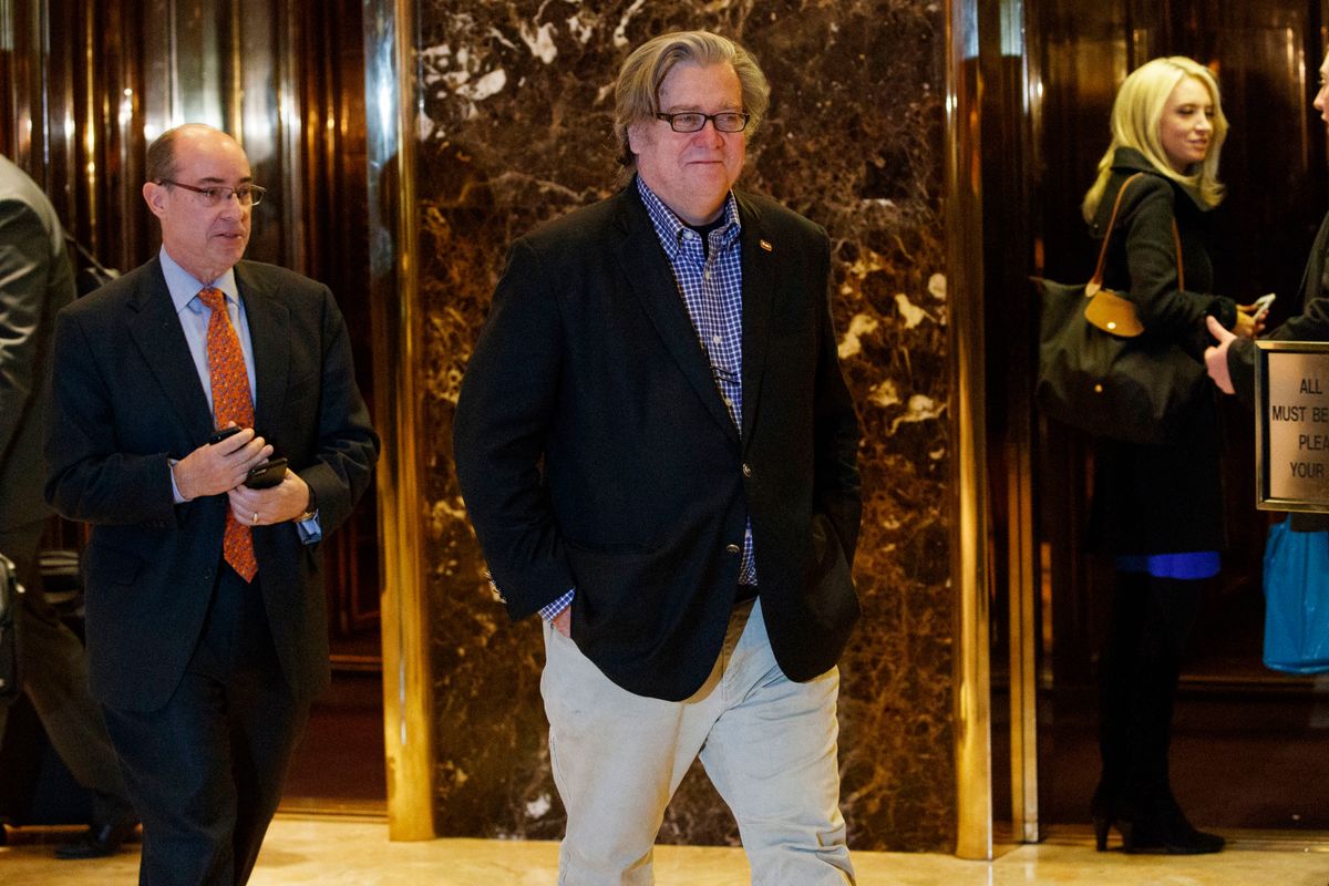 FILE - In this Friday, Nov. 11, 2016, file photo, Stephen Bannon, campaign CEO for President-elect Donald Trump, leaves Trump Tower in New York. Trump on Sunday named Republican Party chief Reince Priebus as White House chief of staff and conservative media owner Bannon as his top presidential strategist, two men who represent opposite ends of the unsettled GOP. (AP Photo/Evan Vucci, File) (AP)