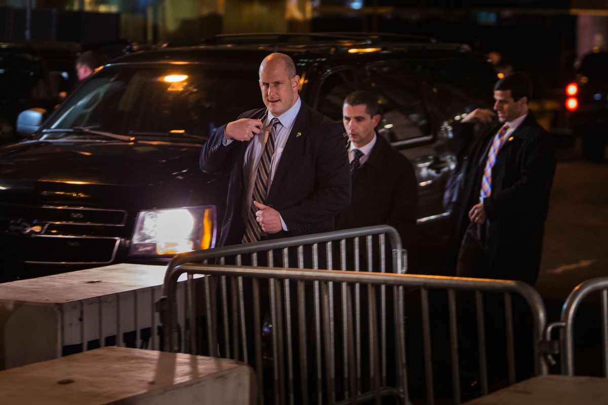 Security services leave after President-elect Donald Trump arrived in a motorcade at Trump Tower in New York, Sunday Nov. 20, 2016. (AP Photo/Andres Kudacki) (AP)