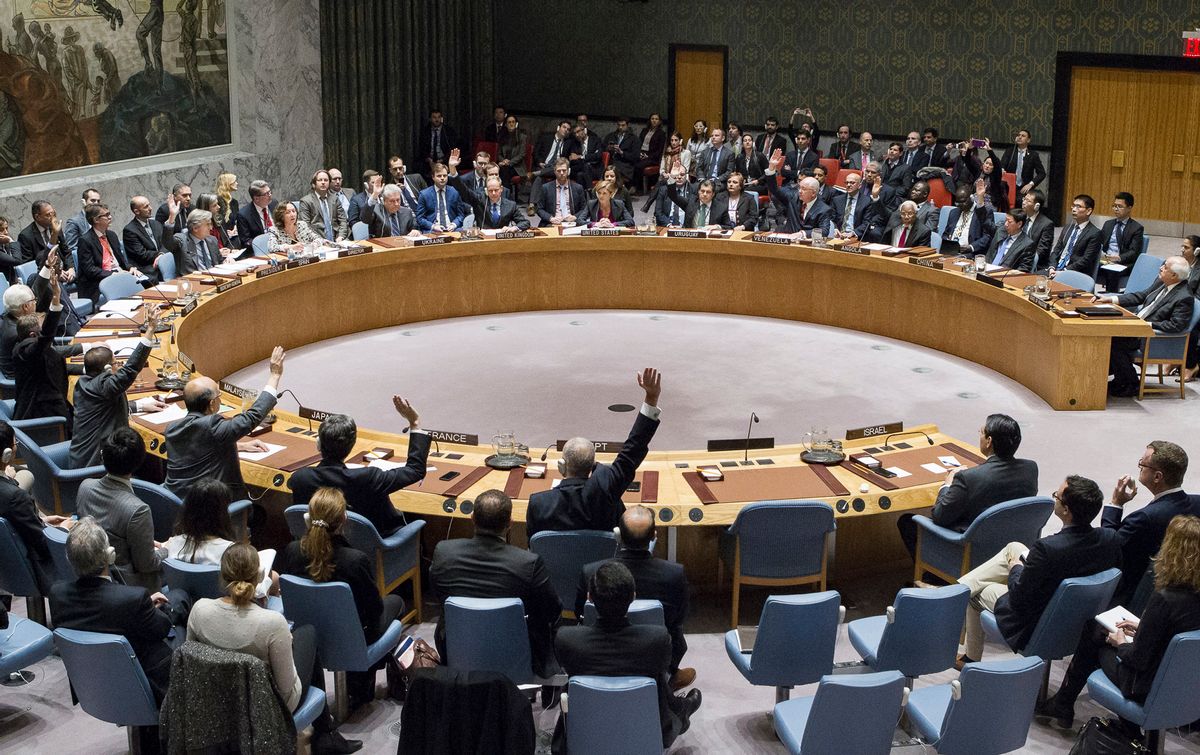 In this photo provided by the United Nations, members of the United Nations Security council vote at the United Nations headquarters on Friday, Dec. 23, 2016, in favor of condemning Israel for its practice of establishing settlements in the West Bank and east Jerusalem.  (AP)
