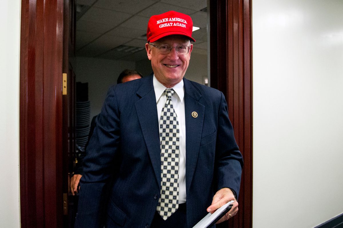 FILE - In this Nov. 15, 2016, file photo, Rep. Mike Conaway, R-Texas, wearing a "Make America Great Again" hat leaves a House Republican leadership meeting on Capitol Hill in Washington. House Republicans are laying the groundwork for a fresh effort to overhaul the nation's food stamp program during Donald Trump’s presidency, with the possibility of new work and eligibility requirements for millions of Americans. (AP Photo/Cliff Owen, File) (AP)