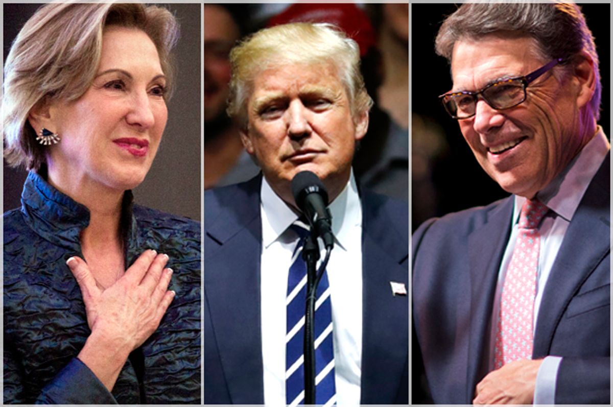Carly Fiorina; Donald Trump; Rick Perry (AP/Cliff Owen/Paul Sancya/David Goldman)