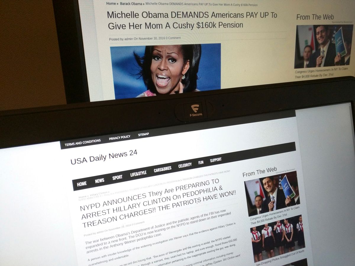 This photograph taken in Paris Friday Dec. 2, 2016 shows stories from USA Daily News 24, a fake news site registered in Veles, Macedonia. An Associated Press analysis using web intelligence service  Domain Tools shows that USA Daily News 24 is one of roughly 200 U.S.-oriented sites registered in Veles, which has emerged as the unlikely hub for the distribution of disinformation on Facebook. Both stories shown here are bogus. (AP Photo/Raphael Satter)​ (AP)