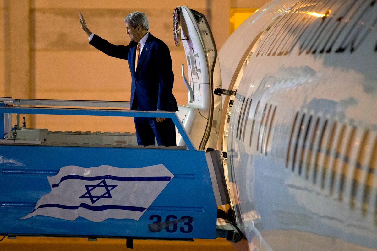 FILE -- In this Nov. 24, 2015 file photo, U.S. Secretary of State John Kerry waves as he boards the plane on departure from Israel after meetings in Jerusalem and the West Bank city of Ramallah. A senior leader of a Jewish settlement council is calling U.S. Secretary of State John Kerry "a stain on American foreign policy" and "ignorant of the issues." Oded Revivi, chief foreign envoy of the Yesha Council, made the remarks ahead of Kerry's final policy speech on Mideast peace Wednesday.
 (AP Photo/Jacquelyn Martin, Pool, File) (AP)