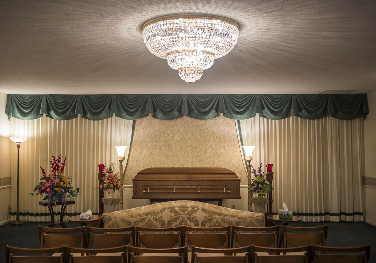 This Monday, Jan. 25, 2016 photo shows a room inside a funeral home in Saginaw, Mich. According to a study by the government released on Thursday, Dec. 8, 2016, life expectancy in the United States has fallen for the first time in more than 20 years. (Katy Kildee/The Saginaw News - MLive.com via AP) (AP)