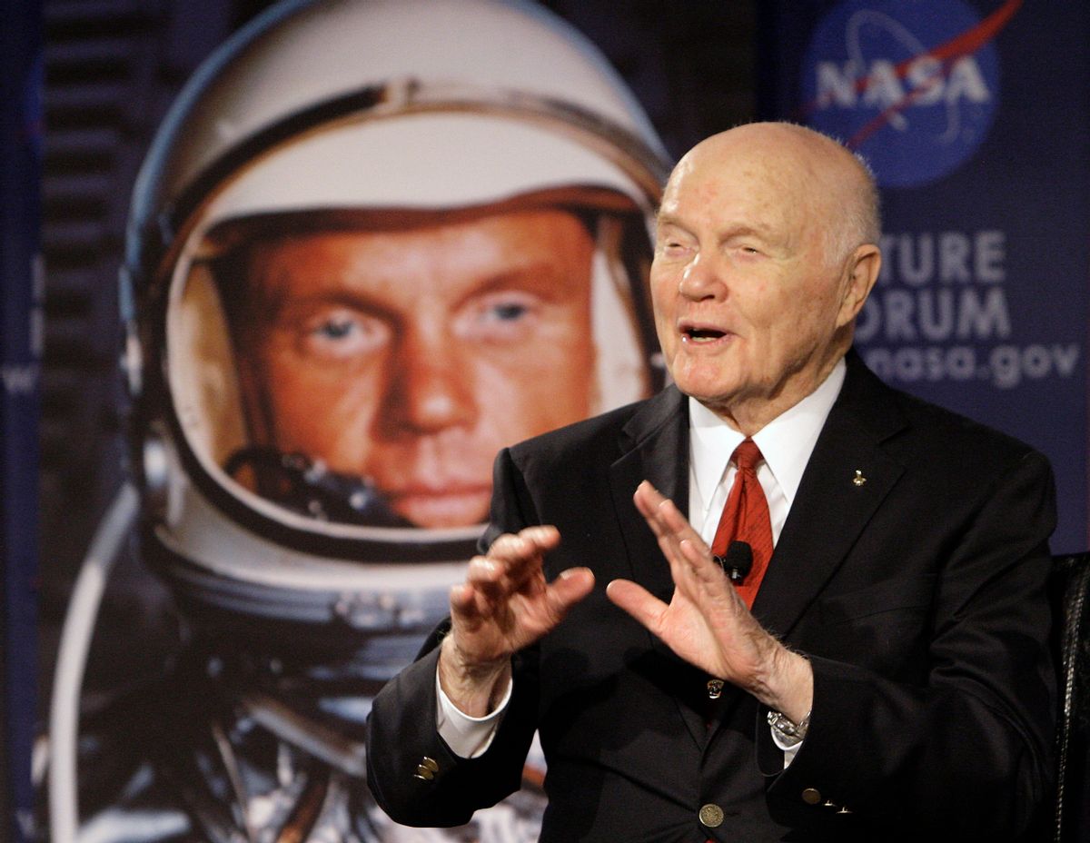 FILE - In this Feb. 20, 2012, file photo, U.S. Sen. John Glenn talks with astronauts on the International Space Station via satellite before a discussion titled "Learning from the Past to Innovate for the Future" in Columbus, Ohio. Glenn, who was the first U.S. astronaut to orbit Earth and later spent 24 years representing Ohio in the Senate, has died at 95. (AP Photo/Jay LaPrete, File) (AP)