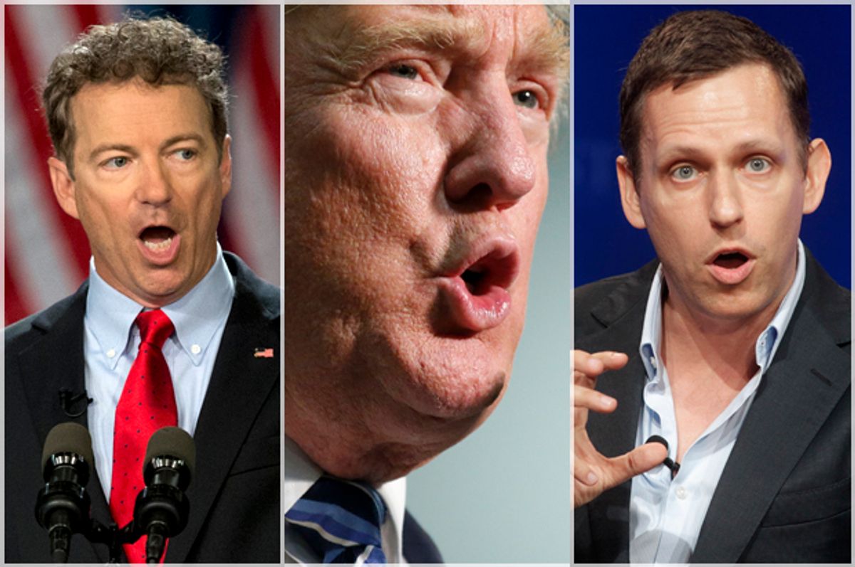 Rand Paul; Donald Trump; Peter Thiel   (Reuters/Fred Prouser/Getty/Brian Blanco/AP/Carolyn Kaster)