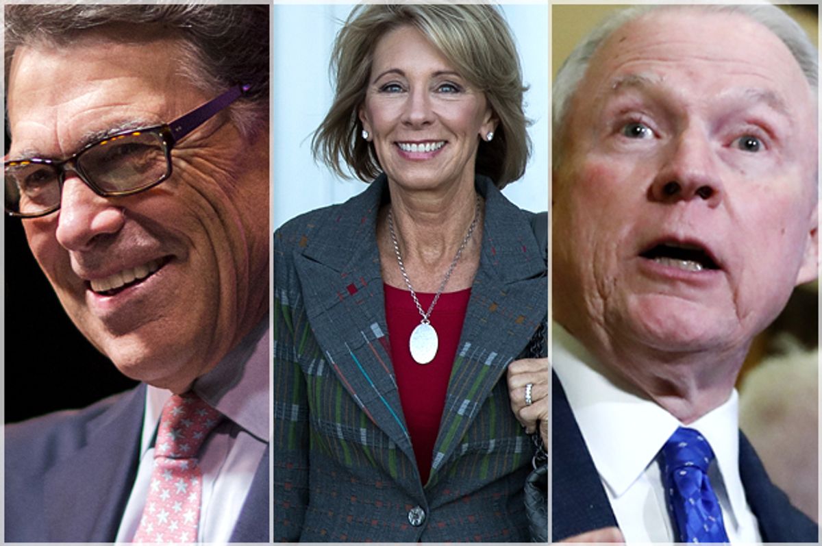 Rick Perry; Betsy DeVoes; Jeff Sessions   (AP/David Goldman/Getty/Drew Angerer/AP/Carolyn Kaster)