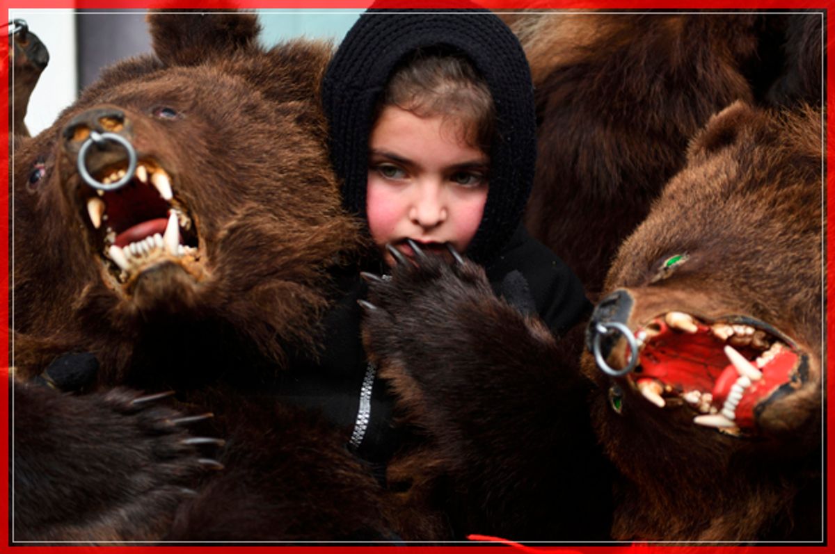 Children wearing bear skins take a rest from dancing in the streets of Comanesti, Romania, on December 30, 2016 during a parade to drive away evil spirits of the past year.
From Christmas Eve until after New Year, Romanians bring to life the various rituals, which often include costumes and masks evoking animals, such as bears, horses or goats. / AFP / DANIEL MIHAILESCU        (Photo credit should read DANIEL MIHAILESCU/AFP/Getty Images) (Afp/getty Images)