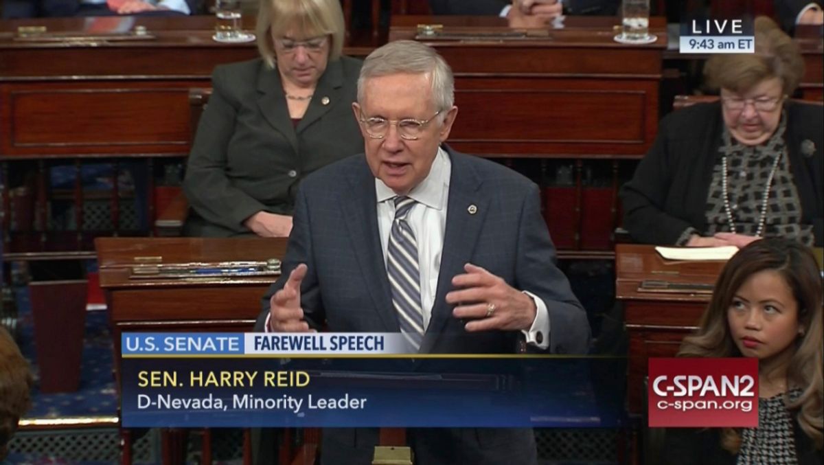 This image provided by C-SPAN2 shows retiring Senate Minority Leader Harry Reid of Nev. giving his final speech on the Senate floor on Capitol Hill in Washington, Thursday, Dec. 8, 2016. (C-SPAN2 via AP)
