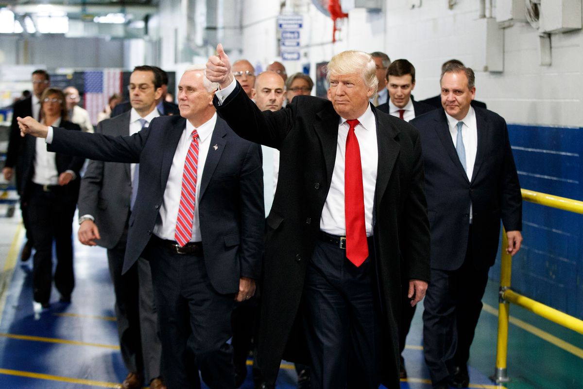 FILE - In this Thursday, Dec. 1, 2016 file photo, President-elect Donald Trump and Vice President-elect Mike Pence wave as they visit to Carrier factory, in Indianapolis, Ind. Trump is slamming a union leader who criticized his deal to discourage air conditioner manufacturer Carrier Corp. from closing an Indiana factory and moving its jobs to Mexico. Trump tweeted Wednesday evening, Dec. 7, 2016: "Chuck Jones, who is President of United Steelworkers 1999, has done a terrible job representing workers."  (AP Photo/Evan Vucci, File)