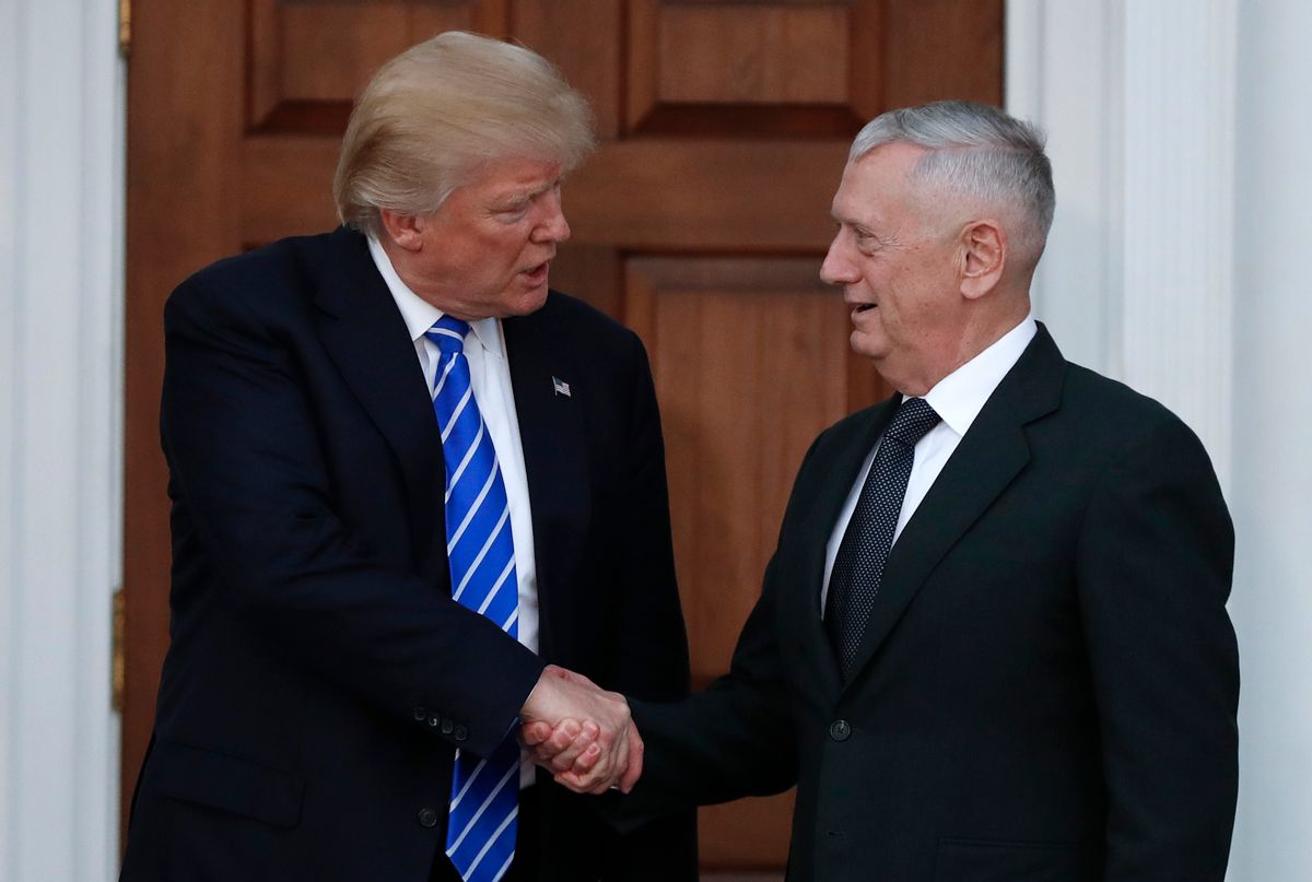 FILE - In this Nov. 19, 2016, file photo, President-elect Donald Trump shakes hands with retired Marine Corps Gen. James Mattis as he leaves Trump National Golf Club Bedminster clubhouse in Bedminster, N.J. Trump said at a rally on Dec. 1, that he will nominate Mattis as defense secretary. (AP Photo/Carolyn Kaster, File) (AP)
