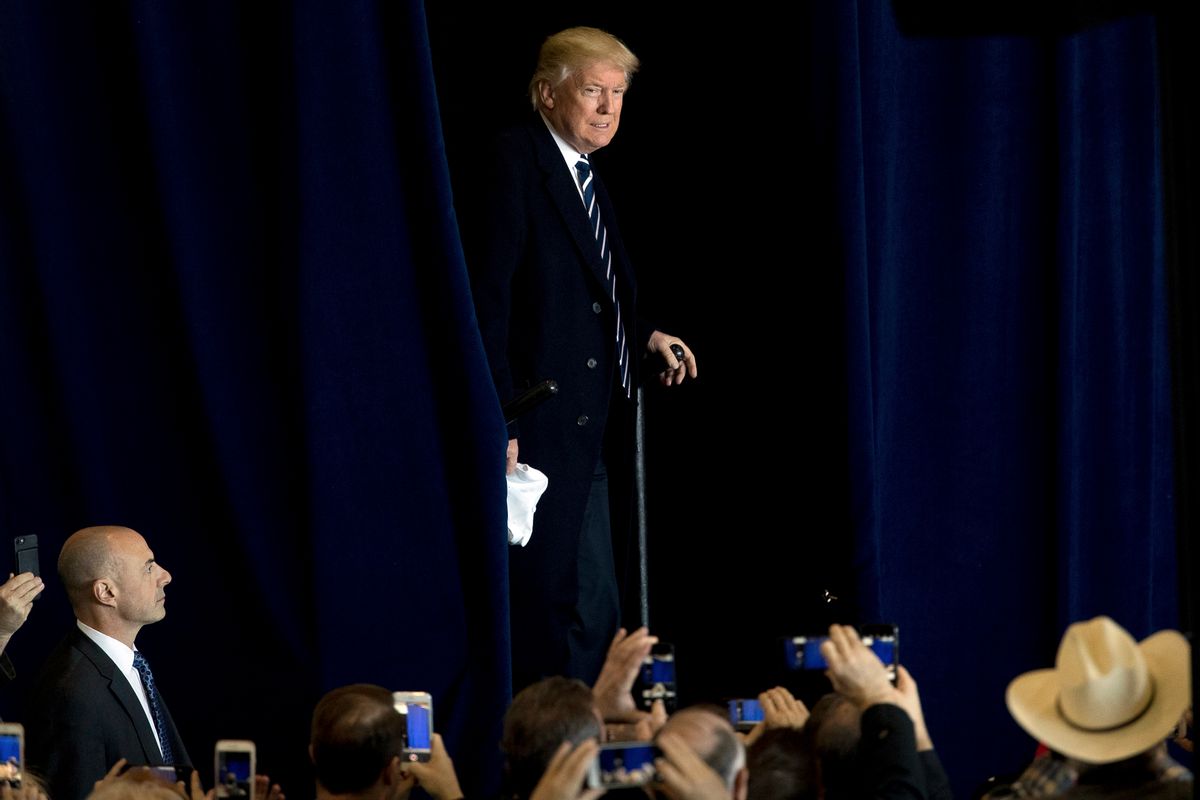 President-elect Donald Trump arrives for a rally in a DOW Chemical Hanger at Baton Rouge Metropolitan Airport, Friday, Dec. 9, 2016, in Baton Rouge, La. (AP Photo/Andrew Harnik) (AP)