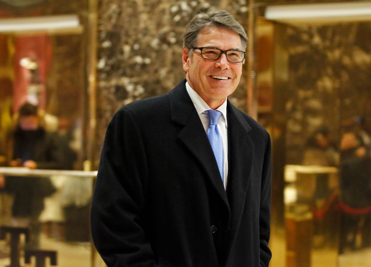 FILE - In this Dec. 12, 2016, file photo, former Texas Gov. Rick Perry smiles as he leaves Trump Tower in New York. President-elect Donald Trump selected Perry to be secretary of energy. (AP Photo/Kathy Willens, File) (AP)