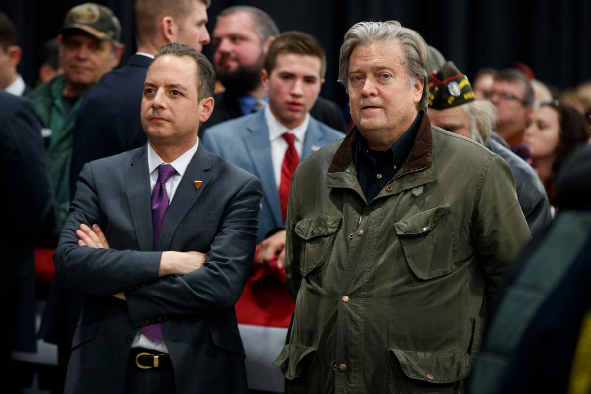 President-elect Donald Trump's chief of staff Reince Priebus, left, stands with his chief strategist Steven Bannon during a rally at the Wisconsin State Fair Exposition Center, Tuesday, Dec. 13, 2016, in West Allis, Wis. (AP Photo/Evan Vucci) (AP)