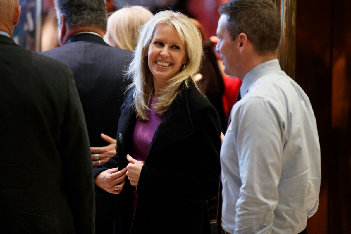 Monica Crowley smiles as she exits the elevator in the lobby of Trump Tower in New York, Thursday, Dec. 15, 2016. President-elect Donald Trump announced Crowley as senior director of Strategic Communications for the National Security Council. (AP Photo/Evan Vucci) (AP)