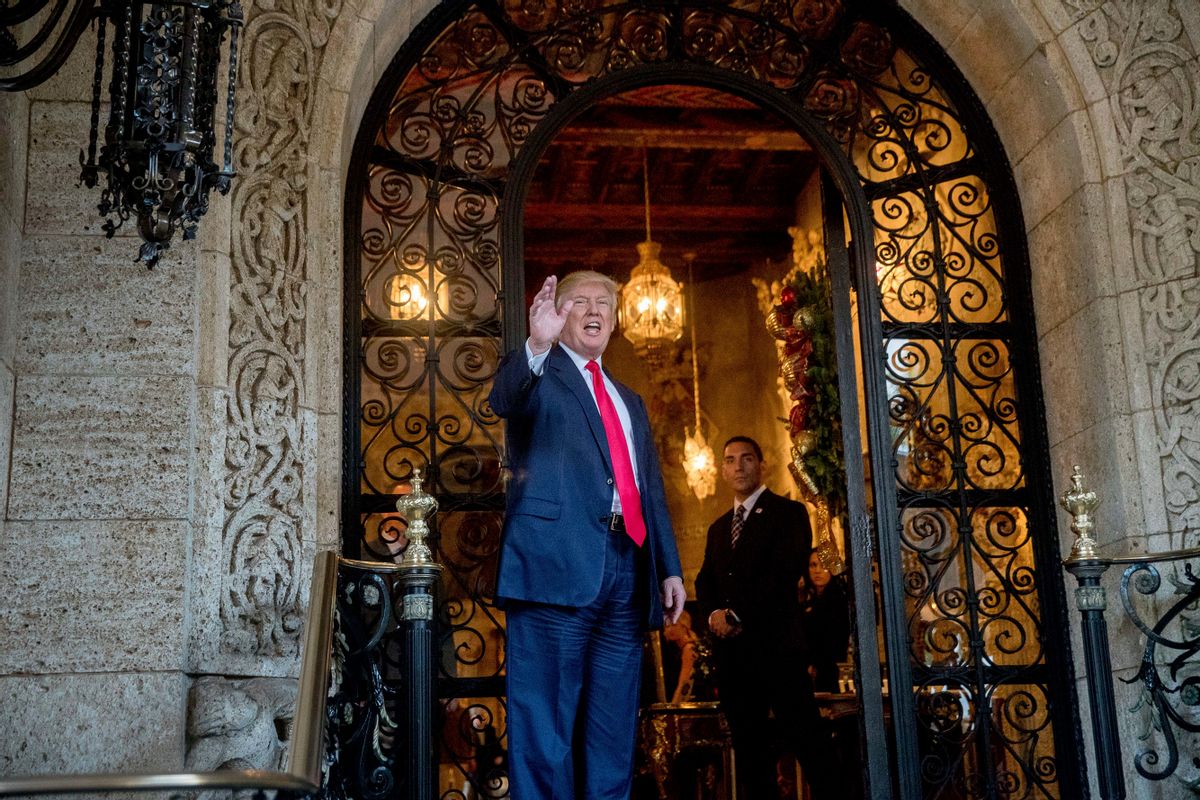 President-elect Donald Trump waves to members of the media after a meeting with admirals and generals from the Pentagon at Mar-a-Lago, in Palm Beach, Fla., Wednesday, Dec. 21, 2016. (AP Photo/Andrew Harnik) (AP)