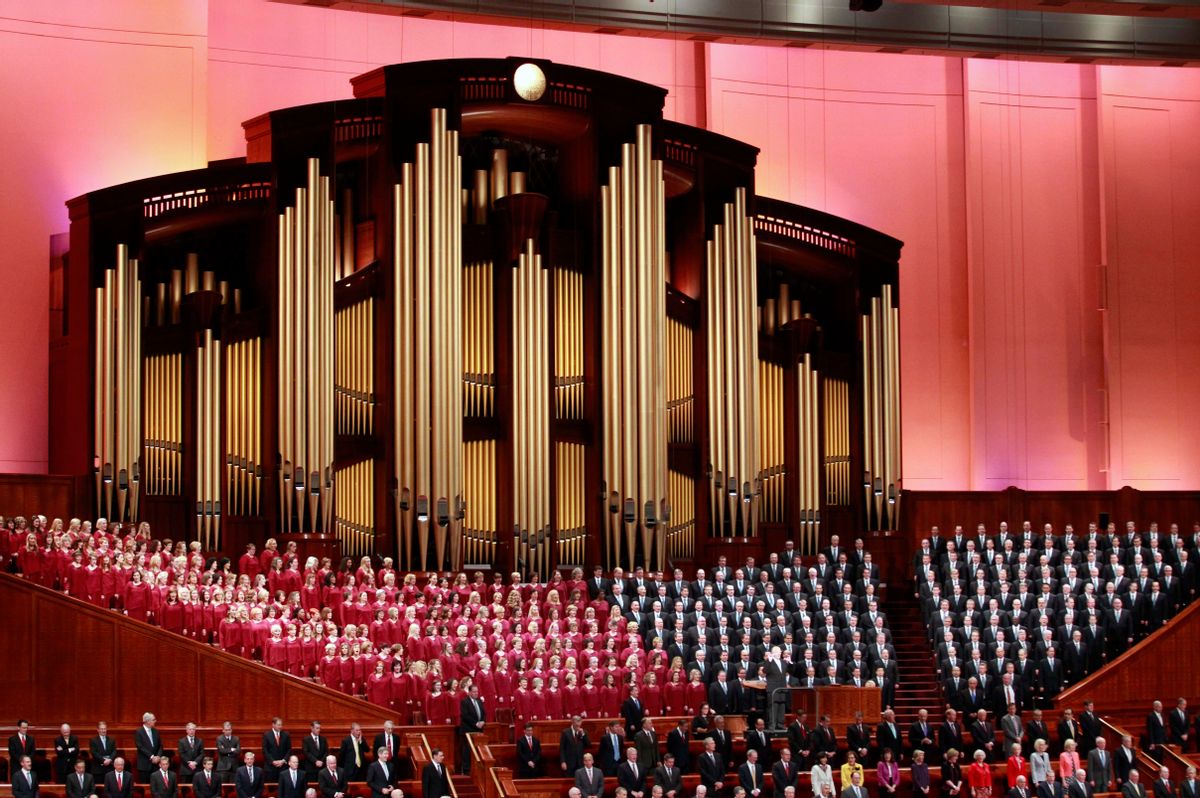 FILE - In this Oct. 1, 2016, file photo, the Mormon Tabernacle Choir of The Church of Jesus Christ of Latter-day Saints, sings in the Conference Center at the morning session of the two-day Mormon church conference in Salt Lake City. Choir member Jan Chamberlin posted a resignation letter that she says she sent to choir leaders on her Facebook page Thursdaym Dec. 29, 2016. In it, she writes that by performing at the inaugural, the 360-member Choir will appear to be “endorsing tyranny and facism” and says she feels “betrayed” by the choir’s decision to take part. (AP Photo/George Frey, File) (AP)
