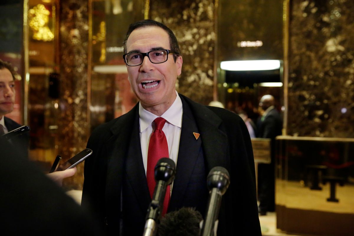 FILE - In this Nov. 30, 2016 file photo, Treasury Secretary-designate Steven Mnuchin talks to reporters as he arrives at Trump Tower in New York.  There's growing concern among Republicans about the upcoming Senate confirmation hearings Mnuchin, the Wall Street financier Donald Trump has chosen to head the Treasury Department (AP Photo/Richard Drew, File) (AP)