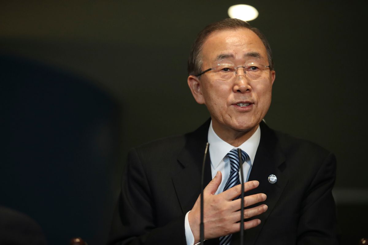 United Nations Secretary-General Ban Ki-moon addresses his staff on his last day at the U.N. headquarters, Friday, Dec. 30, 2016.  (AP Photo/Mary Altaffer)