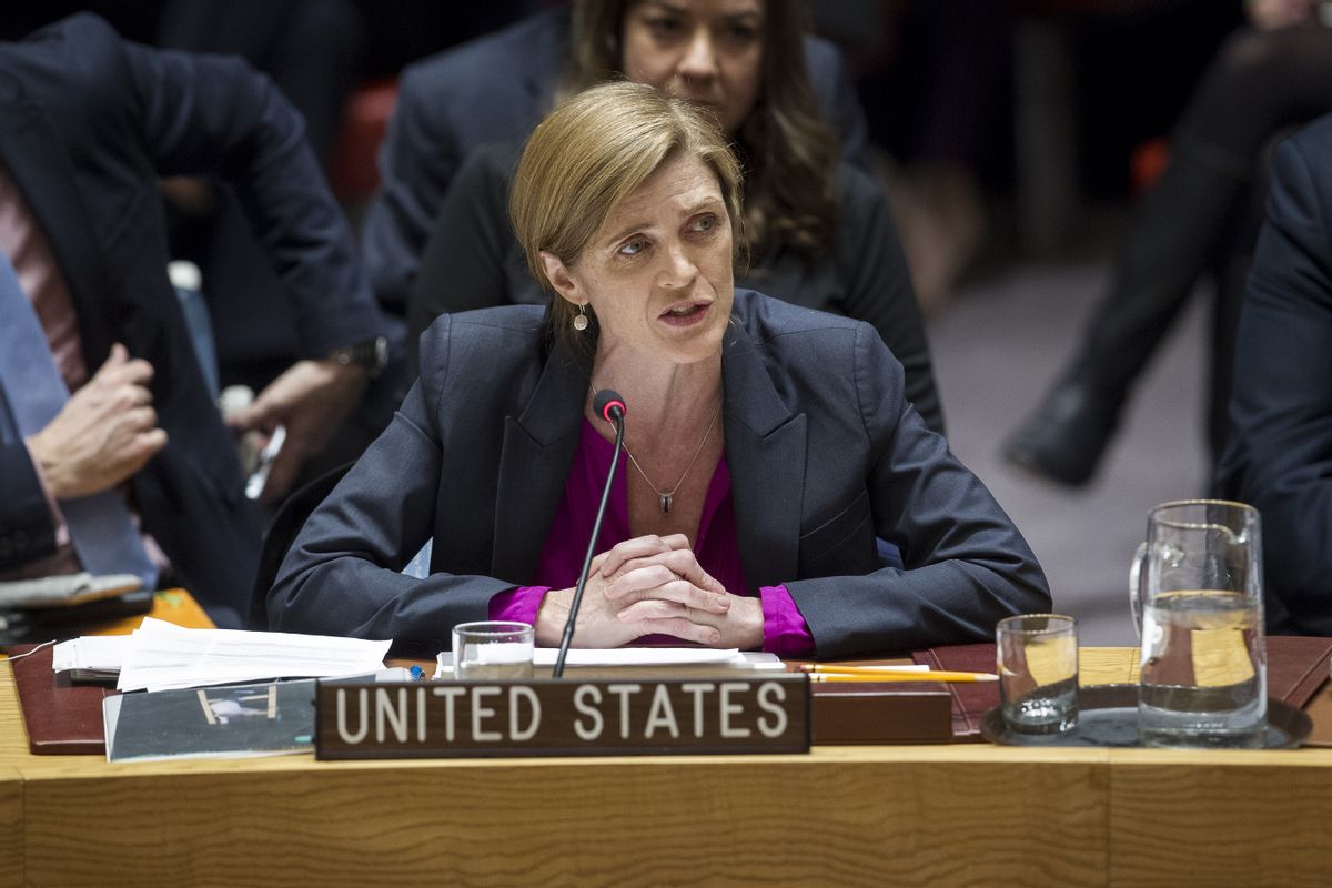 In this photo provided by the United Nations, Samantha Power, U.S. Ambassador to the United Nations, addresses the United Nations Security Council, after the council voted on condemning Israel's settlements in the West Bank and east Jerusalem, Friday, Dec. 23, 2016 at United Nations Headquarters.  In a striking rupture with past practice, the United States allowed the U.N. Security Council on Friday to condemn Israel.  (AP)