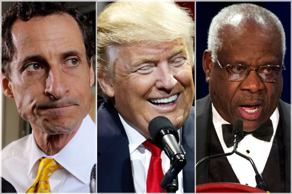 Anthony Weiner; Donald Trump; Clarence Thomas (AP/Richard Drew/John Minchillo/Cliff Owen)