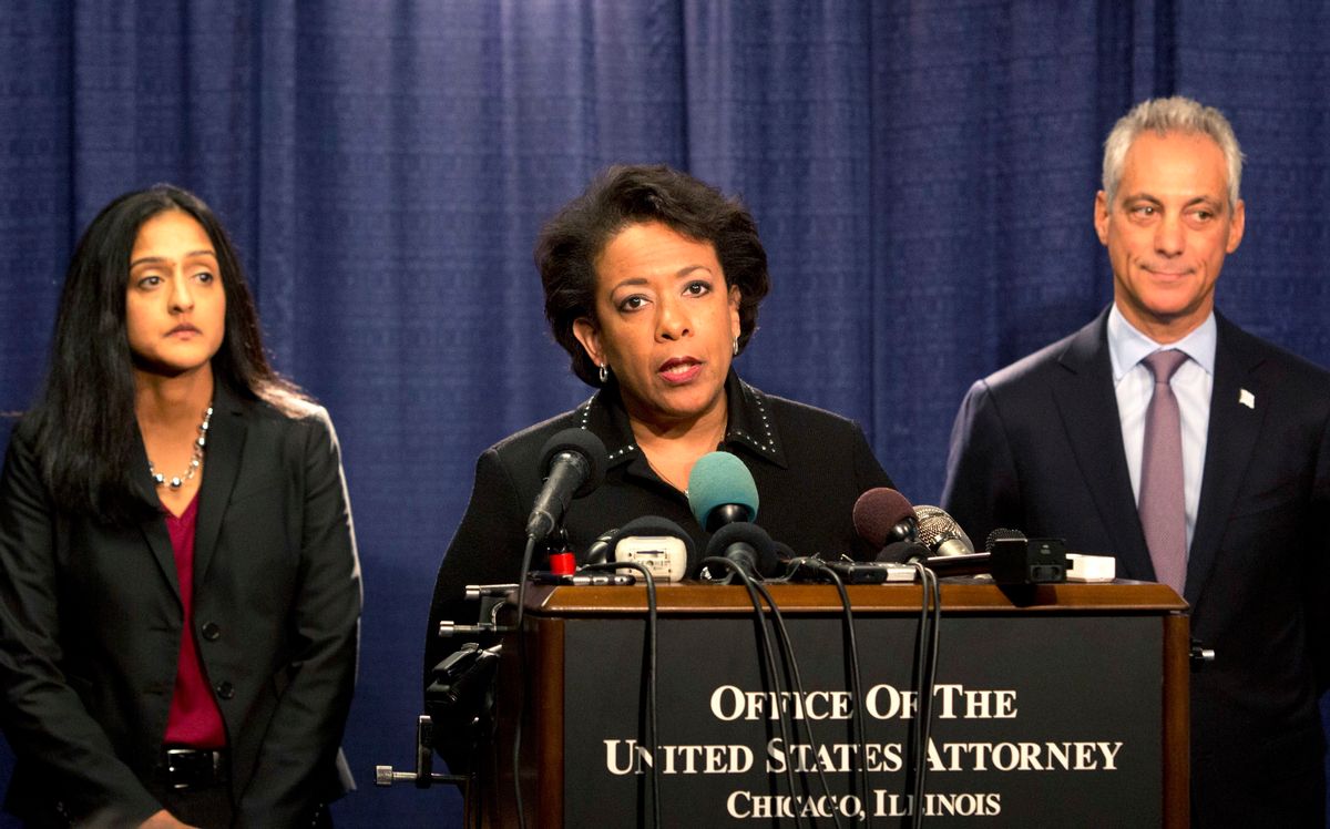 Attorney General Loretta Lynch speaks during a news conference accompanied by Principal Deputy Assistant Attorney General Vanita Gupta, left, and Chicago Mayor Rahm Emanuel Friday, Jan. 13, 2017, in Chicago. The U.S. Justice Department issued a scathing report on civil rights abuses by Chicago's police department over the years. The report released Friday alleges that institutional Chicago Police Department problems have led to serious civil rights violations, including racial bias and a tendency to use excessive force. (AP Photo/Teresa Crawford) (AP)