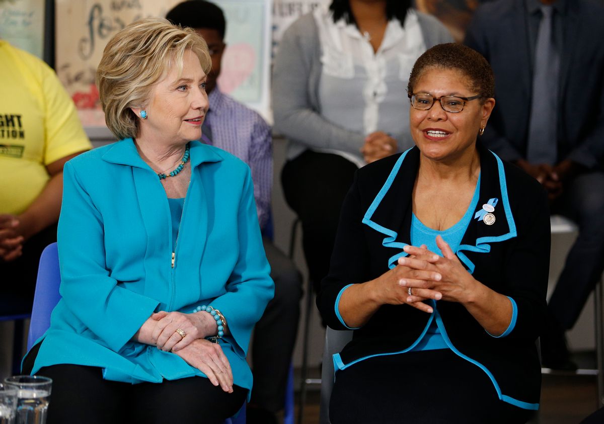 Rep. Karen Bass, D-Calif., right,is shown with Hillary Clinton in May. (AP)
