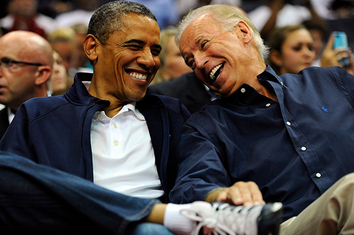 WASHINGTON, DC - JULY 16: U.S. President Barack Obama and Vice President Joe Biden share a laugh as the US Senior Men's National Team and Brazil play during a pre-Olympic exhibition basketball game at the Verizon Center on July 16, 2012 in Washington, DC. (Photo by Patrick Smith/Getty Images) (Getty Images)