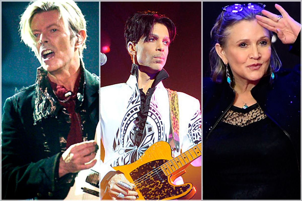 David Bowie; Prince; Carrie Fisher   (Getty/Nils Meilvang/Bertrand Guay/Leon Neal)