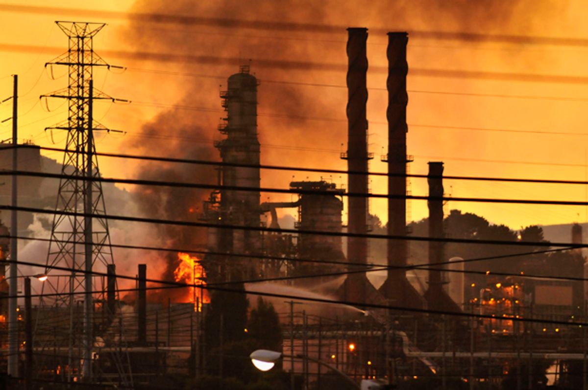 A fire at the Chevron oil refinery in in Richmond, California August 6, 2012.   (Reuters/Josh Edelson)