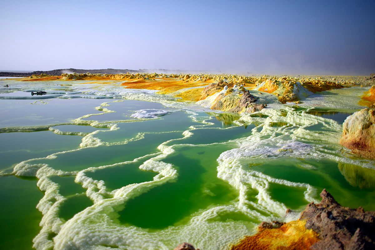 DALLOL, ETHIOPIA - JANUARY 23:  A  sulphur lake is pictured in the Danakil Depression on January 23, 2017 near Dallol, Ethiopia. The depression lies 100 metres below sea level and is one of the hottest and most inhospitable places on Earth. Despite the gruelling conditions, Ethiopians continue a centuries old industry of mining salt from the ground by hand in temperatures that average 34.5 degrees centigrade but have risen to over 50 degrees.  (Photo by Carl Court/Getty Images) (Getty Images)