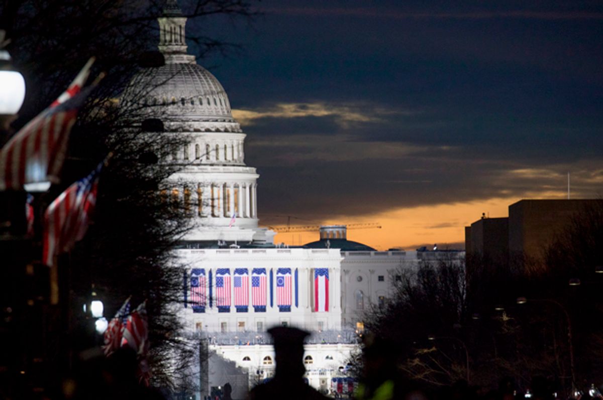 WASHINGTON, DC - JANUARY 20: The United States Capitol is draped in flags in the early morning hours prior to the presidential inauguration on January 20, 2017 in Washington, DC. Donald Trump is being sworn in as the 45th President of the United States. (Photo by Tasos Katopodis/Getty Images) (Getty Images)