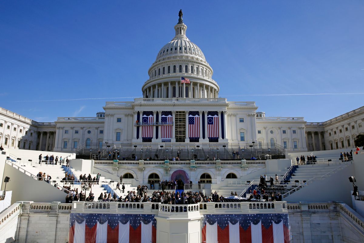 The U.S. Capitol looms over a stage during a rehearsal of President-elect Donald Trump's swearing-in ceremony, Sunday, Jan. 15, 2017, in Washington. (AP Photo/Patrick Semansky) (AP)