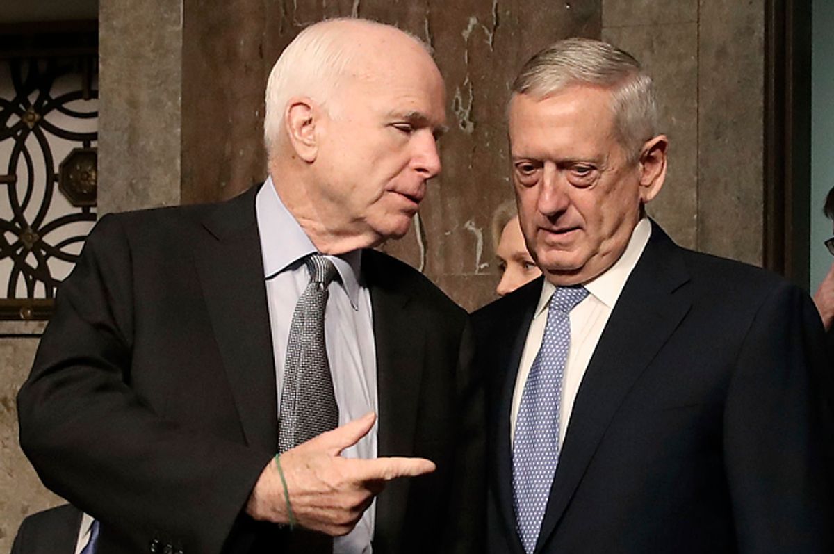 John McCain stands with Defense Secretary nominee James Mattis, January 12, 2017.    (Getty/Mark Wilson)
