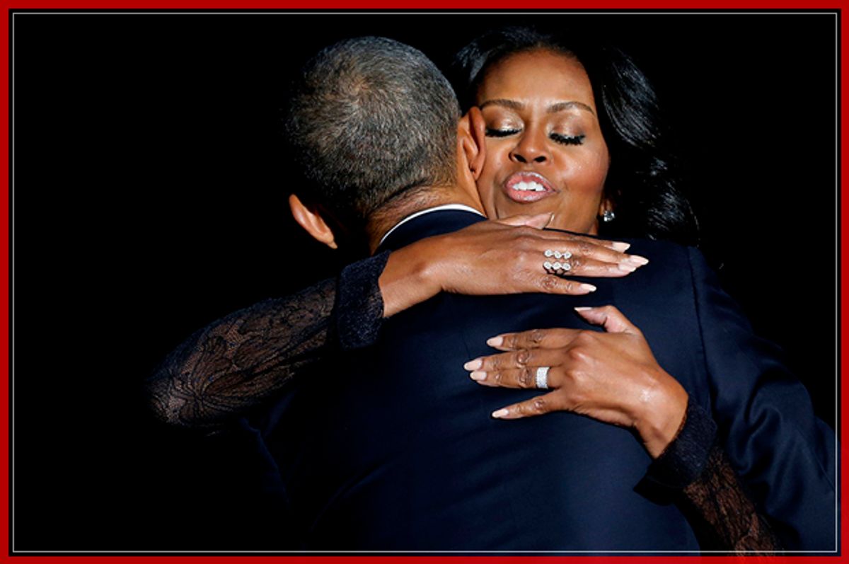 U.S. President Barack Obama embraces his wife Michelle Obama after his farewell address in Chicago, Illinois, U.S. January 10, 2017. REUTERS/Jonathan Ernst - RTX2YEQN (Reuters)