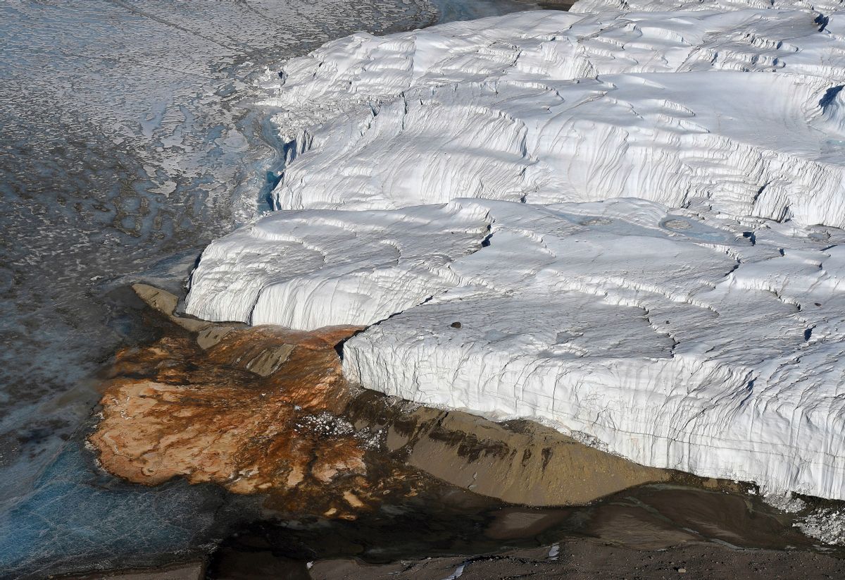 FILE - This Nov. 11, 2016 file photo shows Blood Falls, bottom left, and the Taylor Glacier near McMurdo Station, Antarctica. (Mark Ralston/Pool Photo via AP, File) (AP)