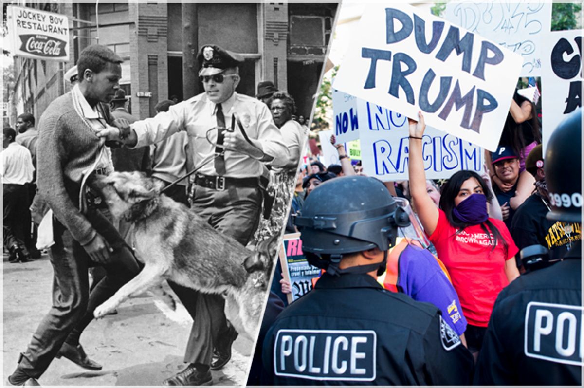 Chicago police officers confront a demonstrator during the Democratic National Convention, Aug. 26, 1968; protesters outside a Donald Trump rally, June 2, 2016, in San Jose, Calif. (AP/Noah Berger/Salon)