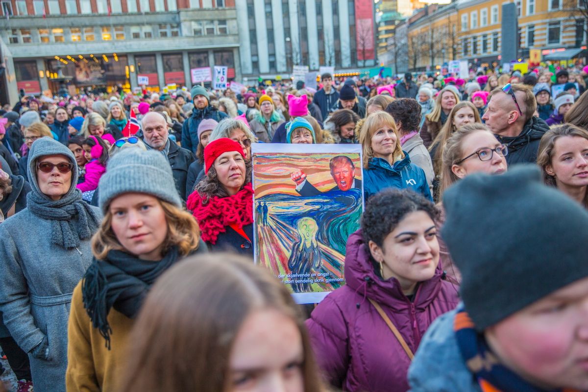 Protesters gather for a Women's March in Oslo, Norway, Saturday Jan. 21, 2017.  The march is being held in solidarity with the Women's March in Washington, and other cities worldwide, advocating women's rights and opposing Donald Trump's U.S. presidency.  (Stian Lysberg Solum / NTB Scanpix via AP) (AP)