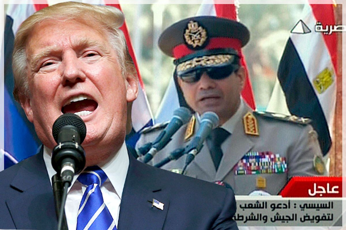 Donald Trump; An image grab of Abdel Fattah al-Sisi, taken from Egyptian state TV.   (Reuters/Brian Snyder/Getty/AFP/Photo montage by Salon)