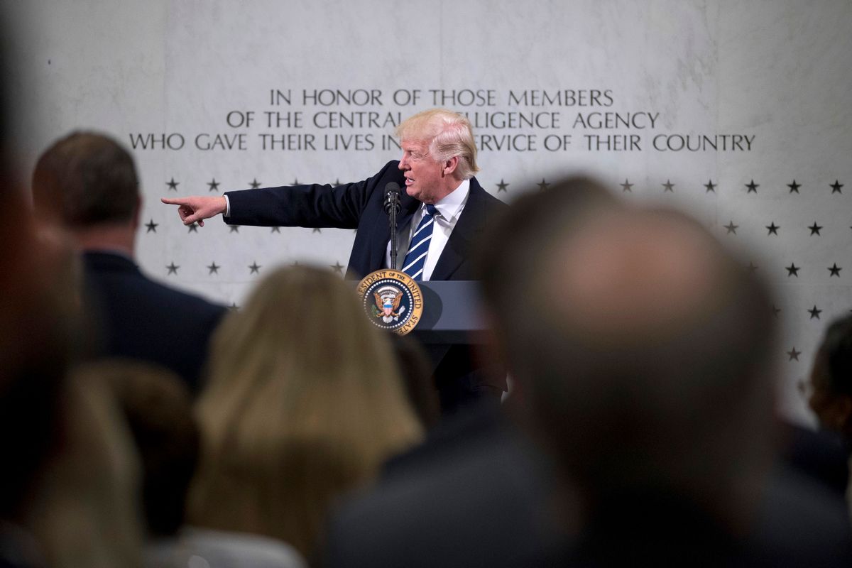President Donald Trump speaks at the Central Intelligence Agency in Langley, Va., Saturday, Jan. 21, 2017. (AP Photo/Andrew Harnik) (AP)
