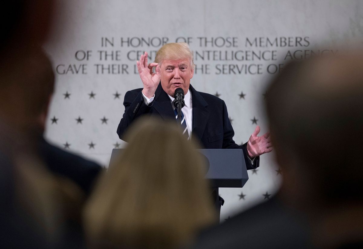 President Donald Trump speaks at the Central Intelligence Agency in Langley, Va., Saturday, Jan. 21, 2017. (AP Photo/Andrew Harnik) (AP)