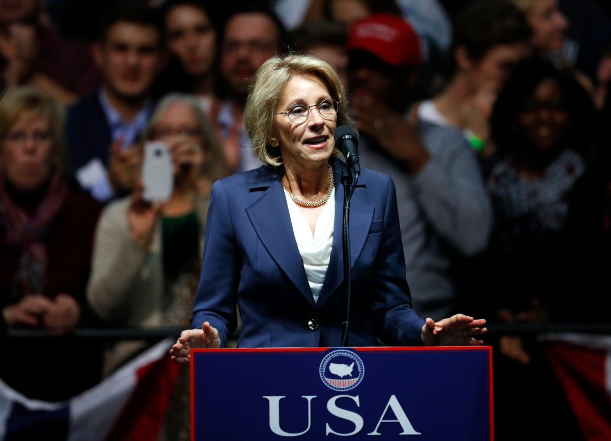 FILE - In this Dec. 9, 2016 file photo, Education Secretary-designate Betsy DeVos speaks in Grand Rapids, Mich. Charter school advocate and wealthy Republican donor Betsy DeVos is widely expected to push for expanding school choice programs if confirmed as education secretary, causing outrage among teachers’ unions. But Democrats and rights activists also are raising concerns about how her conservative Christian beliefs and advocacy for family values might impact minority and LGBT students.  (AP Photo/Paul Sancya, File) (AP)