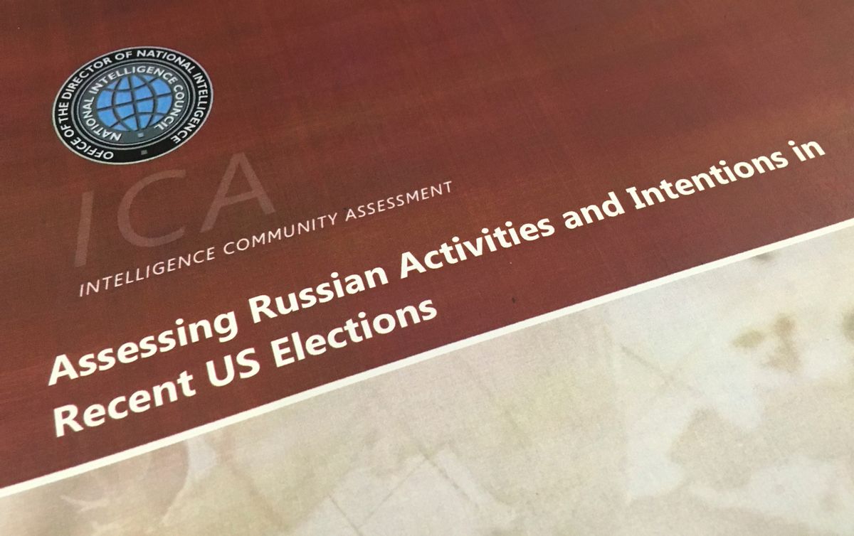 A part of the declassified version Intelligence Community Assessment on Russia's efforts to interfere with the U.S. political process is photographed in Washington, Friday, Jan. 6, 2017. Russian President Vladimir Putin ordered a campaign to influence the American presidential election in favor of electing Donald Trump, according to the report issued by U.S. intelligence agencies. The unclassified version was the most detailed public account to date of Russian efforts to interfere with the U.S. political process, with actions that included hacking into the email accounts of the Democratic National Committee and individual Democrats like Hillary Clinton's campaign chairman John Podesta. (AP Photo/Jon Elswick) (AP)