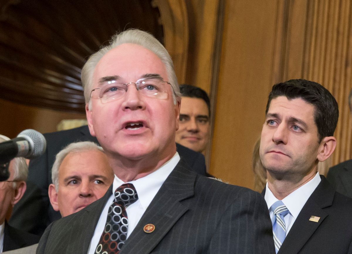 FILE - In this Jan. 7, 2016 file photo, Health and Human Services Secretary-designate Rep, Tom Price, R-Ga. speaks on Capitol Hill in Washington, Thursday, Jan. 12, 2017. Price will sell off stock holdings to avoid any conflicts of interest, or the appearance of a conflict. House Speaker Paul Ryan of Wis. is at right.  (AP Photo/J. Scott Applewhite, File) (AP)