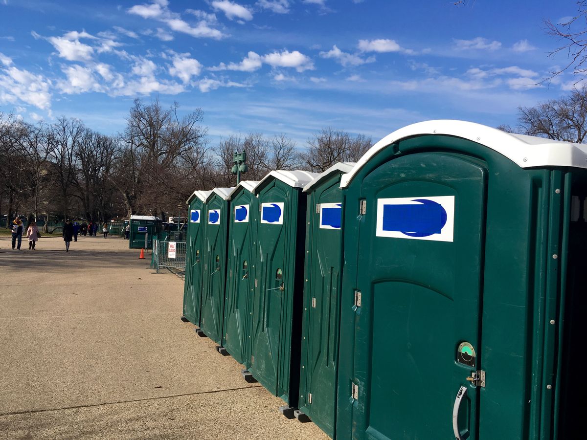 A row of portable restrooms, with the name “Don’s Johns” covered up, is seen on Capitol Hill in Washington, Friday, Jan. 13, 2017. Virginia-based Don’s Johns calls itself the Washington area’s top provider of portable toilet rentals, but the name apparently strikes too close to home for inaugural organizers. Workers have placed blue tape over the brand name on dozens of portable restrooms installed near the Capitol for the inauguration. (AP Photo/Matthew Daly) (AP)
