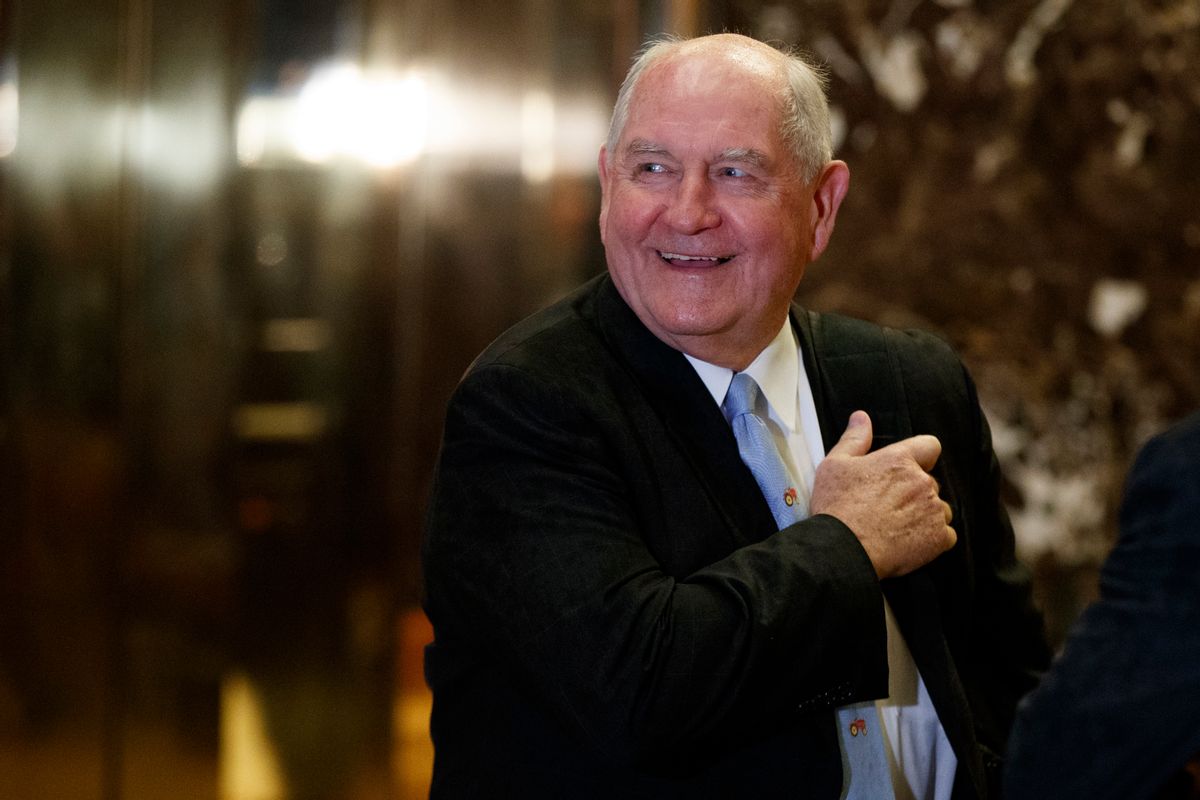 FILE- In this Nov. 30, 2016, file photo, former Georgia Gov. Sonny Perdue smiles as he waits for an elevator in the lobby of Trump Tower in New York. A person familiar with the decision says President-elect Donald Trump has chosen Perdue to serve as agriculture secretary. (AP Photo/Evan Vucci, File) (AP)