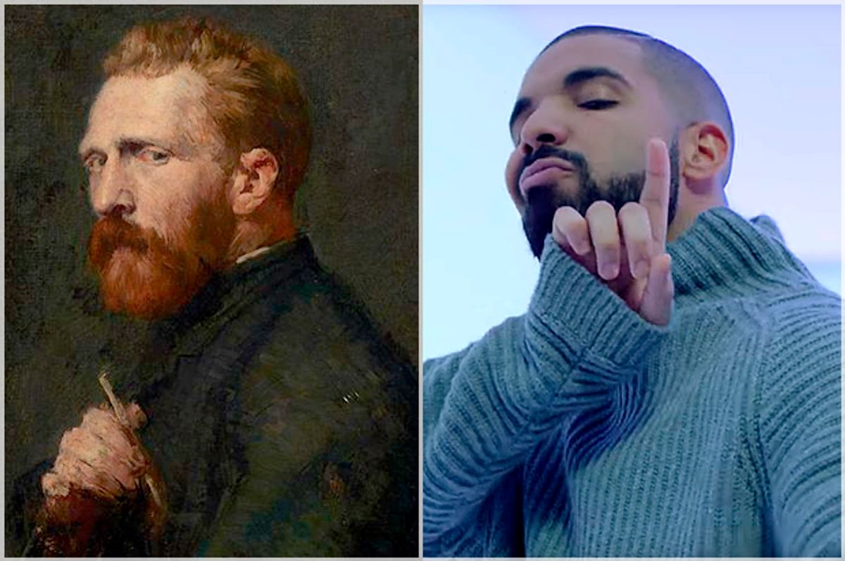 John Peter Russell's 1886 portrait of Vincent Van Gogh; Drake in his video "Hotline Bling"   (Wikimedia/DrakeVEVO)