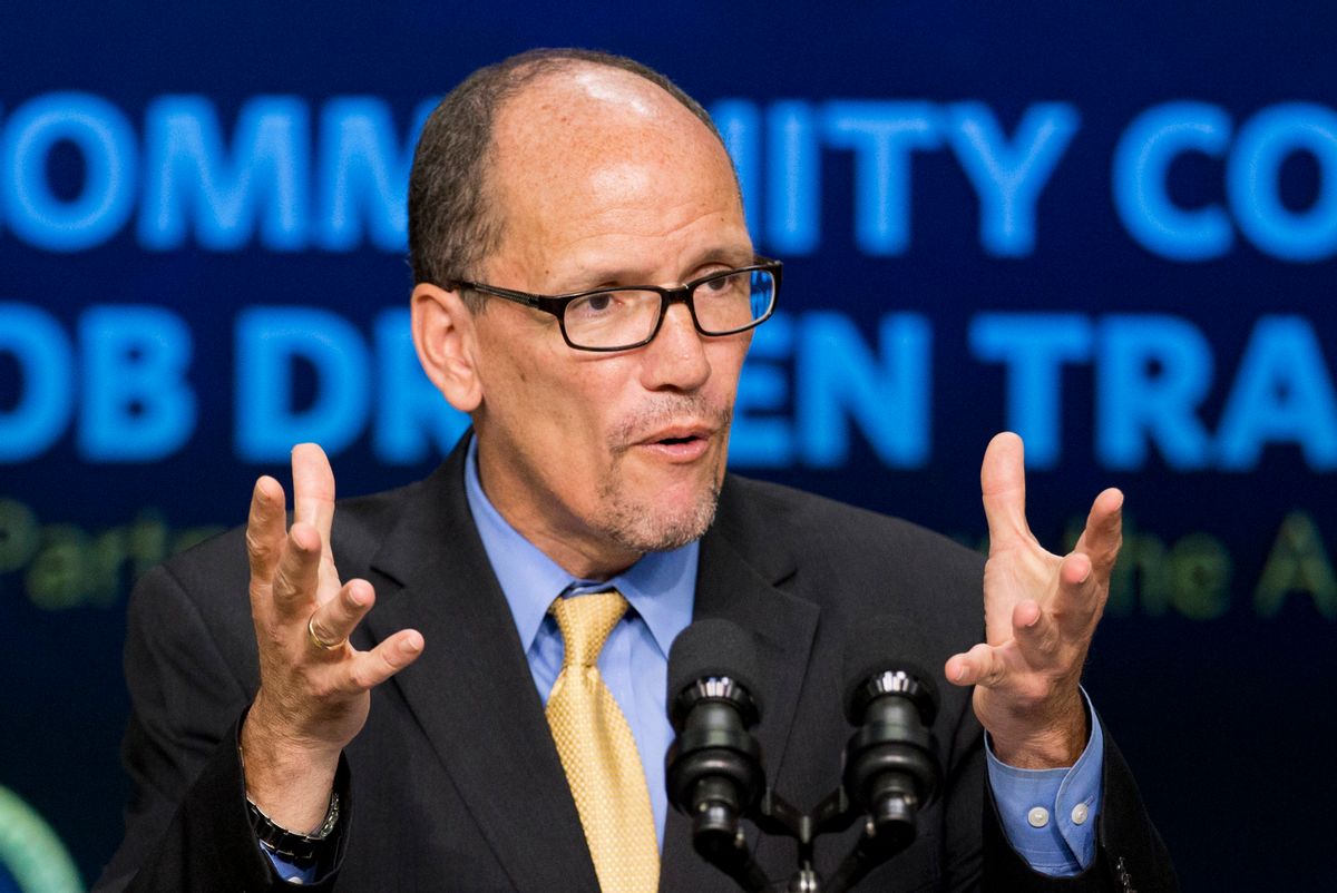 FILE - In this Sept. 29, 2014 file photo, then-Labor Secretary Tom Perez speaks in the South Court Auditorium in the White House compound in Washington. South Carolina Democratic Party chair Jaime Harrison is exiting the race for Democratic National Committee chairman and throwing his support to Perez, solidifying the former Labor Secretary’s place as the front-runner in the still-volatile contest. (AP Photo/Manuel Balce Ceneta, File) (AP)